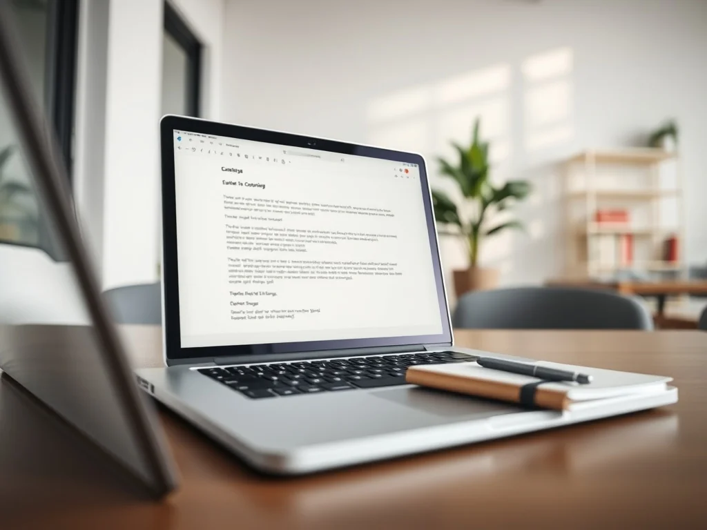 Laptop z otwartym mailem służbowym na biurku, podkreślający profesjonalne formuły zakończenia wiadomości.