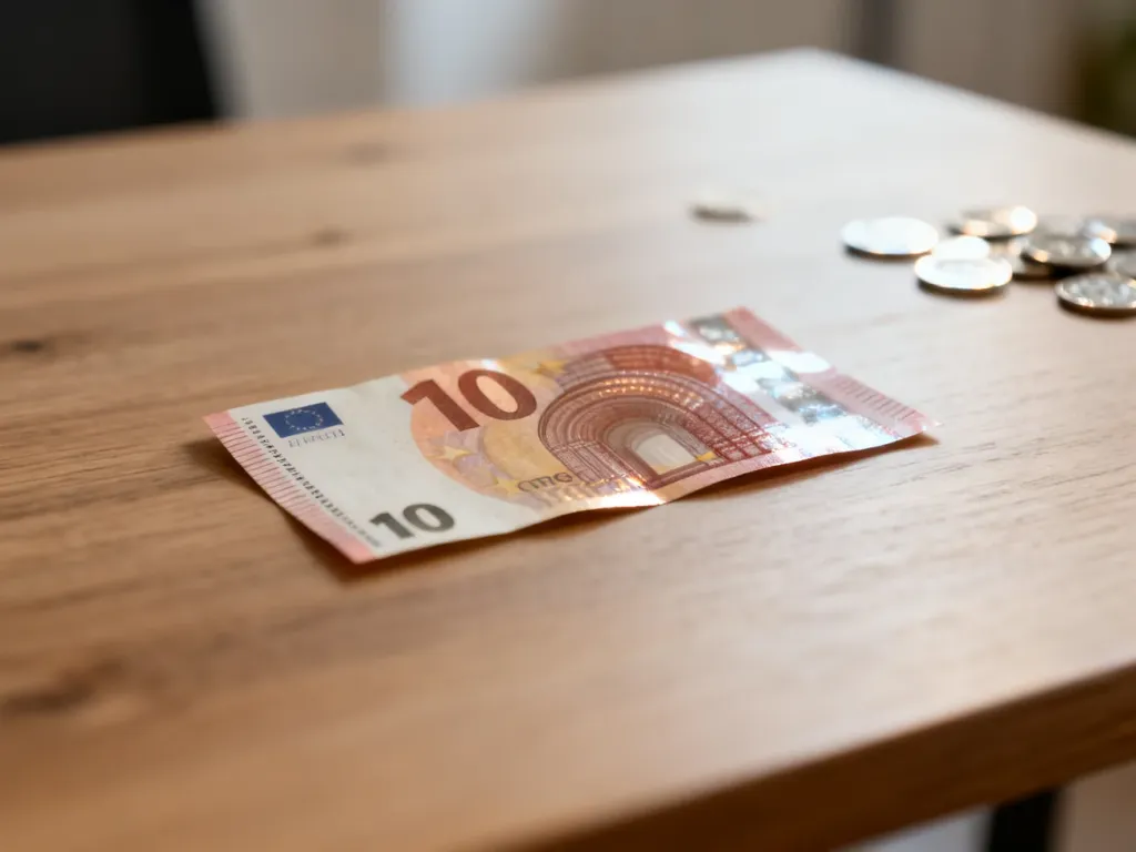 Banknot dziesięcioeuro leżący na drewnianym stole w otoczeniu rozmytych monet euro.
