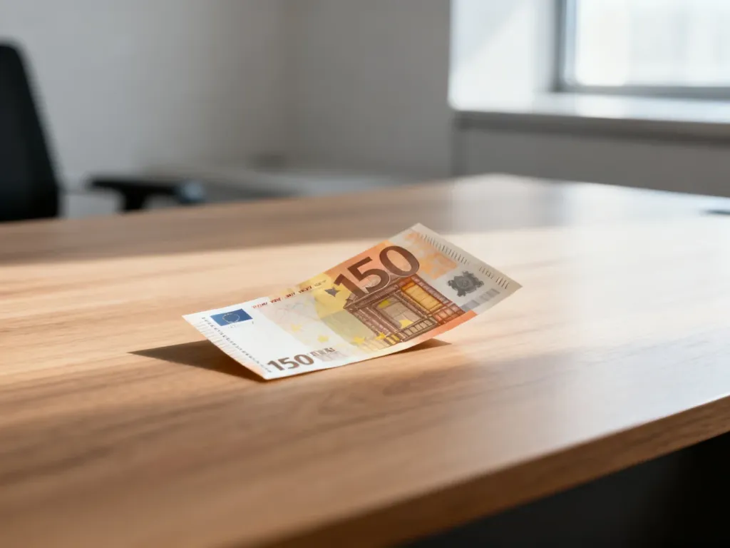 Banknot o nominalie 150 euro leżący na drewnianym biurku w nowoczesnym biurze. Ilustracja do przelicznika walut.