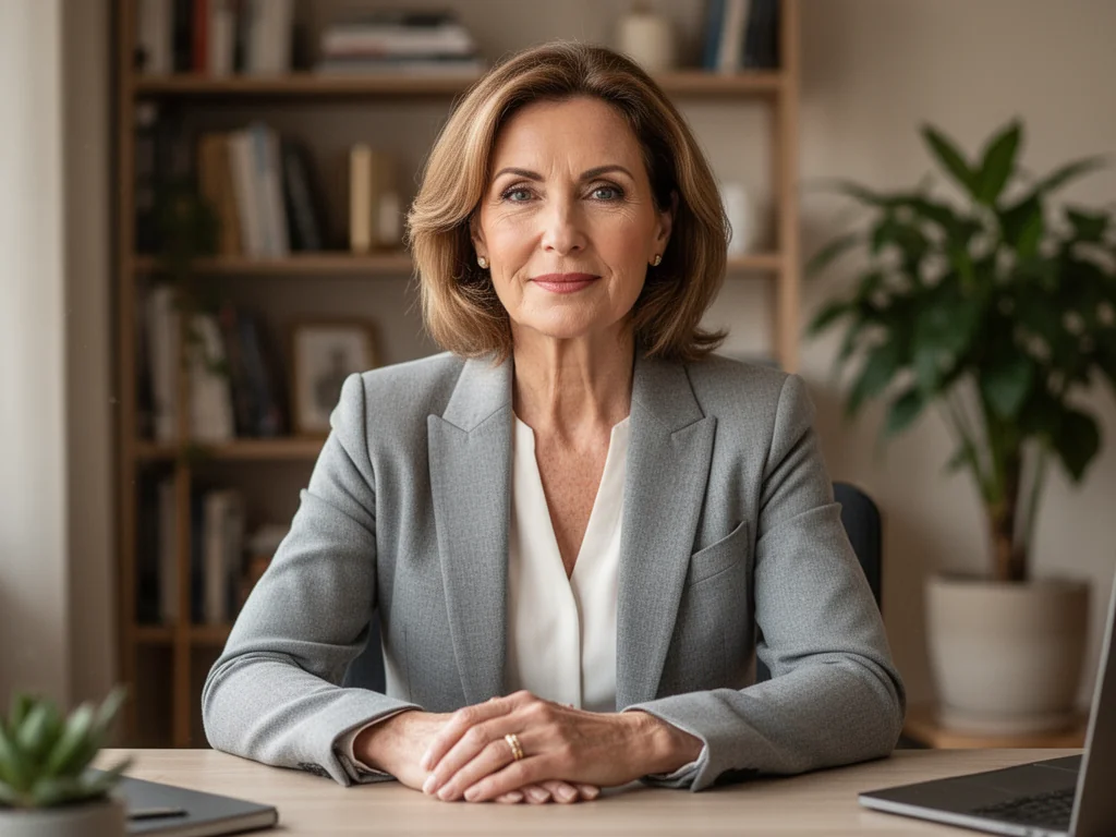 Joanna Miziołek przy biurku w domowym gabinecie, elegancka i spokojna, w obrączce ślubnej, w ciepłym, nowoczesnym wnętrzu.