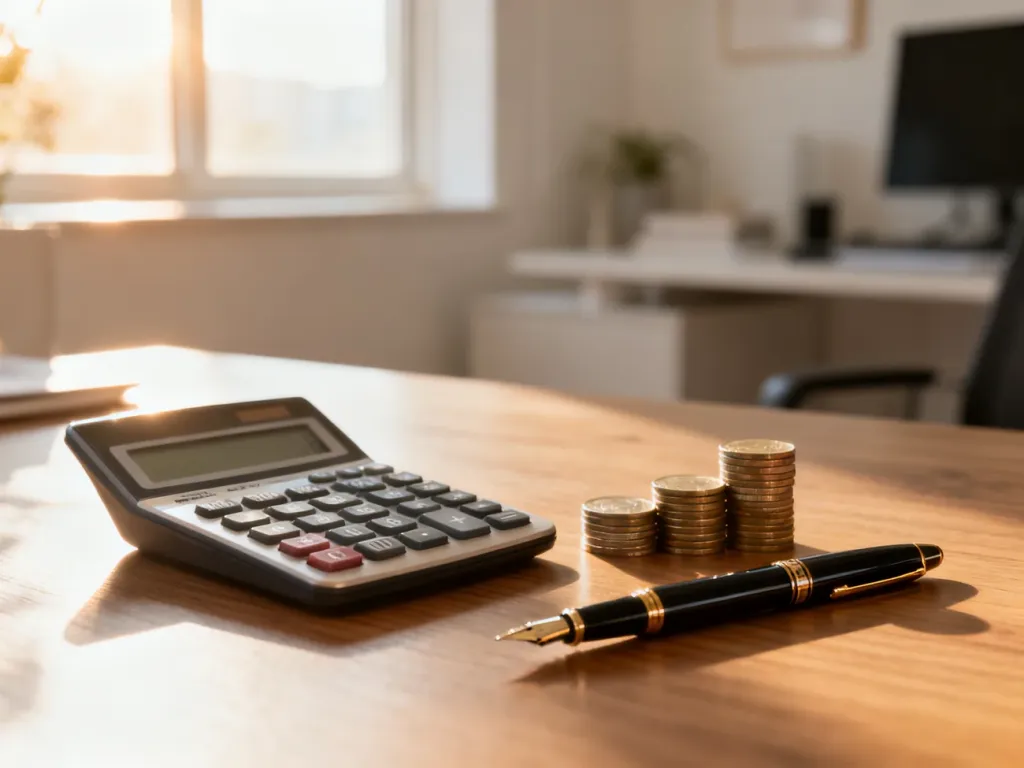 Profesjonalne biurko z kalkulatorem i monetami, symbolizujące planowanie finansów i obliczanie wynagrodzenia.