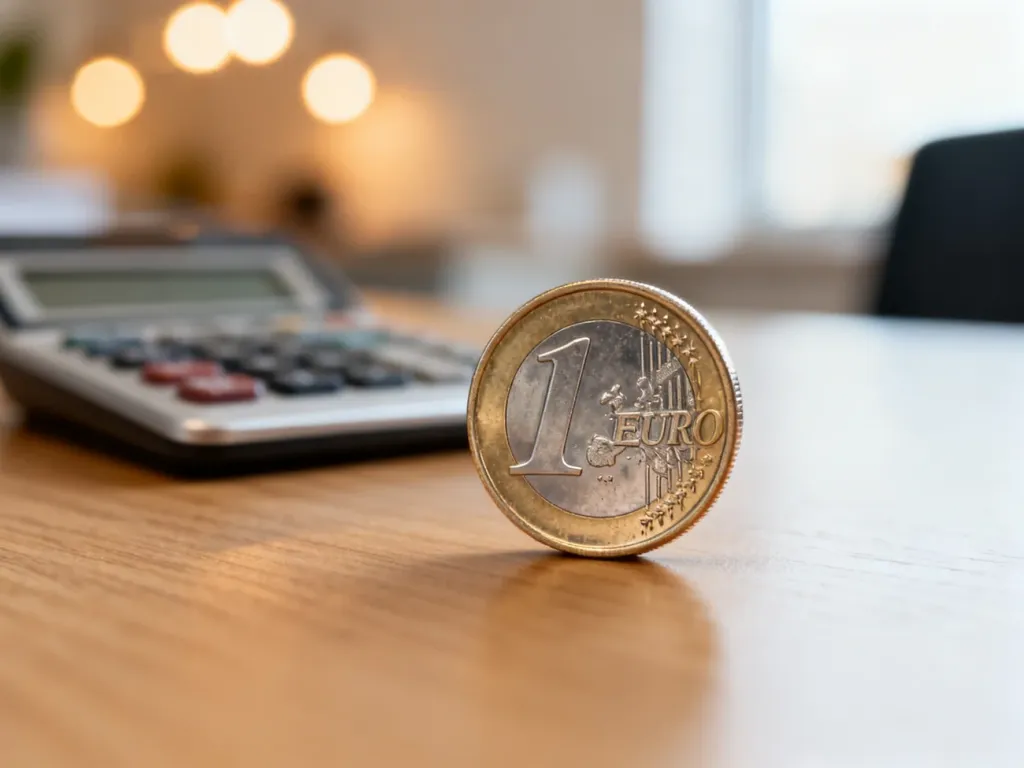 Błyszcząca moneta euro na drewnianym biurku obok kalkulatora, symbolizująca przeliczanie walut.