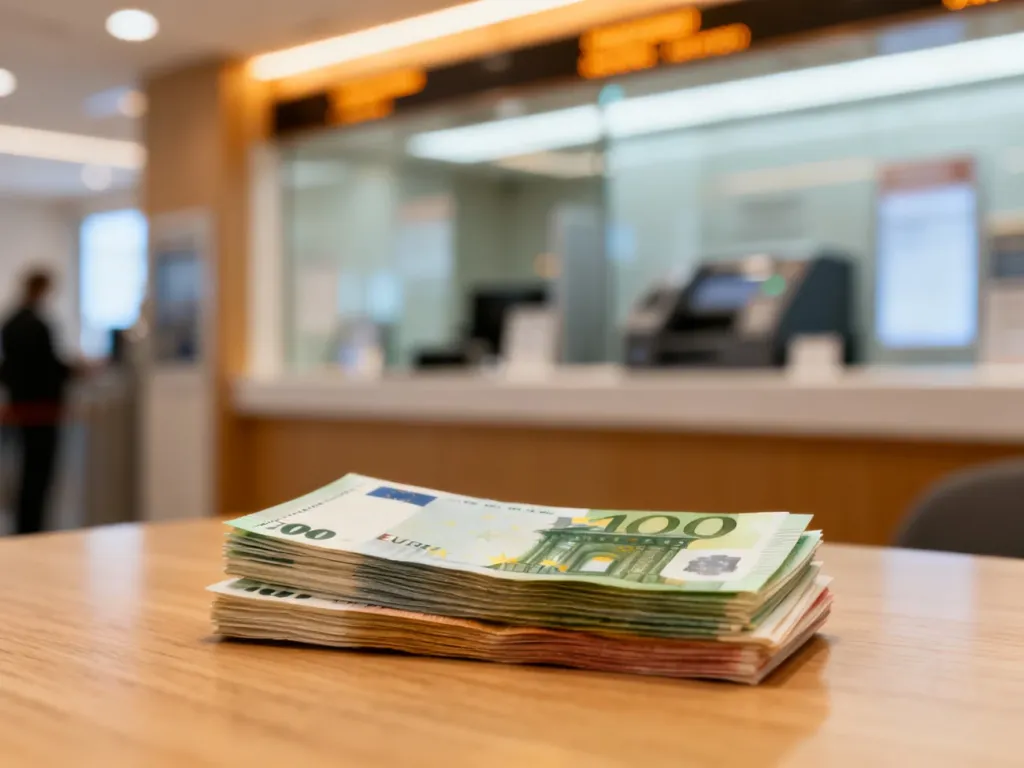 Stos banknotów euro na drewnianym stole, symbolizujący wymianę walut i finanse.