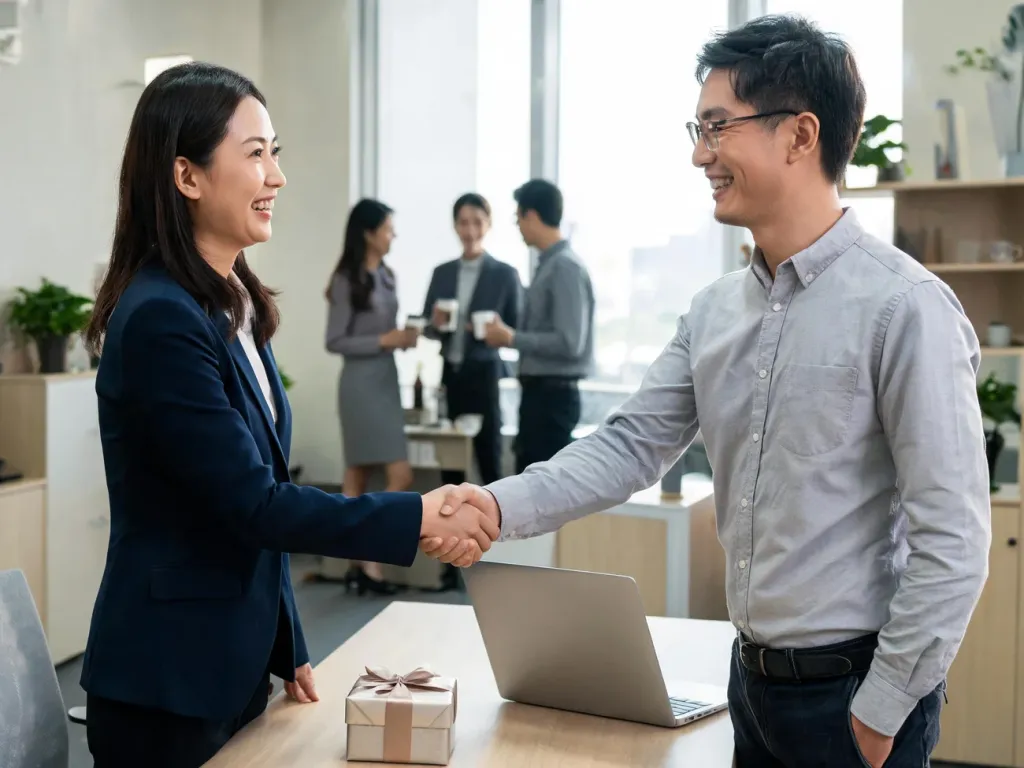 Menadżer i pracownik podają sobie dłonie przy biurku z prezentem pożegnalnym, w tle spokojna atmosfera nowoczesnego biura.