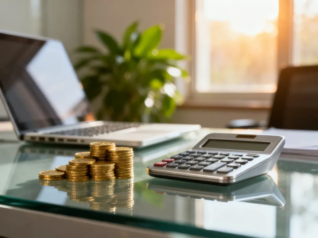Złote monety i kalkulator na biurku, symbolizujące planowanie finansów i obliczanie wynagrodzenia.