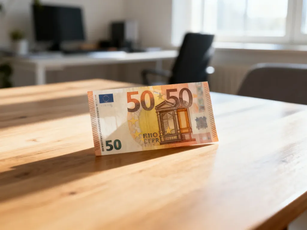 Banknot 50 euro leżący na drewnianym stole w jasnym, domowym biurze.