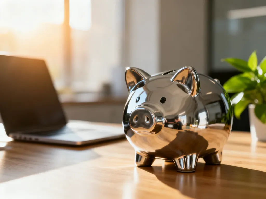 Metalowa skarbonka na biurku w biurowym wnętrzu, symbolizująca oszczędzanie i zarządzanie finansami.