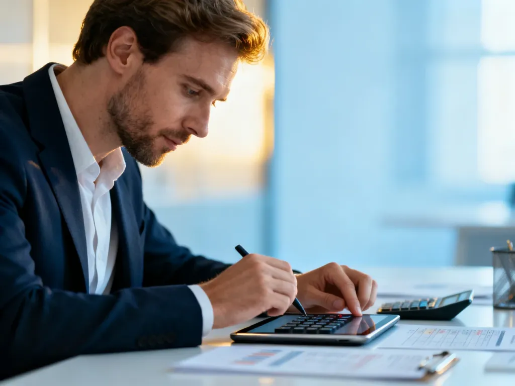 Mężczyzna w nowoczesnym biurze oblicza finanse na tablecie, analizując wysokość wynagrodzenia.
