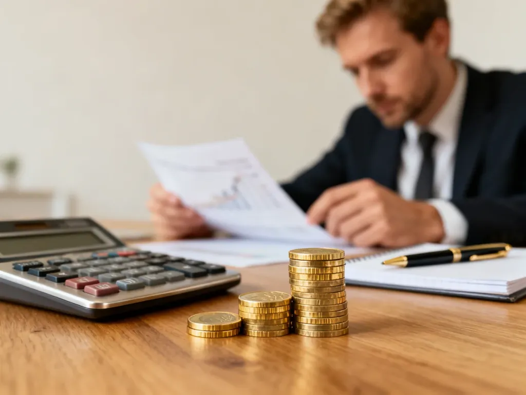 Kalkulator, monety i notatnik na biurku, symbolizujące obliczenia finansowe i planowanie budżetu.