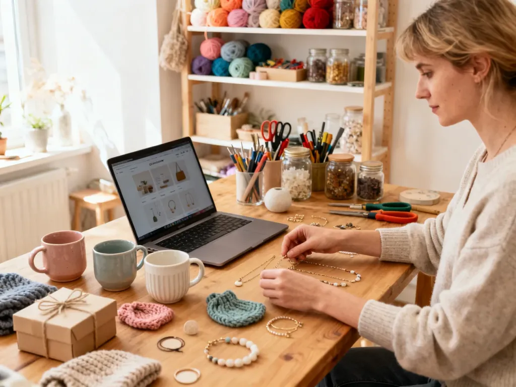 Kobieta w domowym studio układa rękodzieło obok otwartego laptopa z panelem sklepu internetowego, no text on the picture