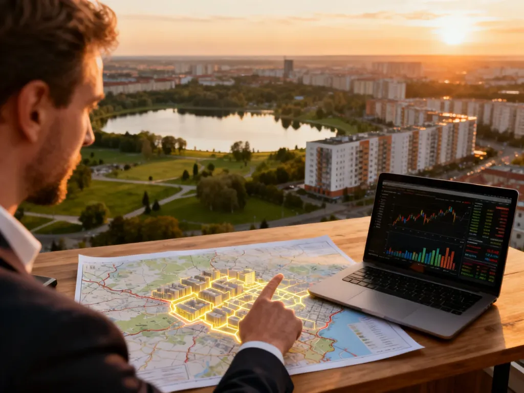 Mężczyzna analizuje na laptopie wykresy finansowe i mapę Olsztyna, wskazując obszary inwestycji mieszkaniowych, no text on the picture