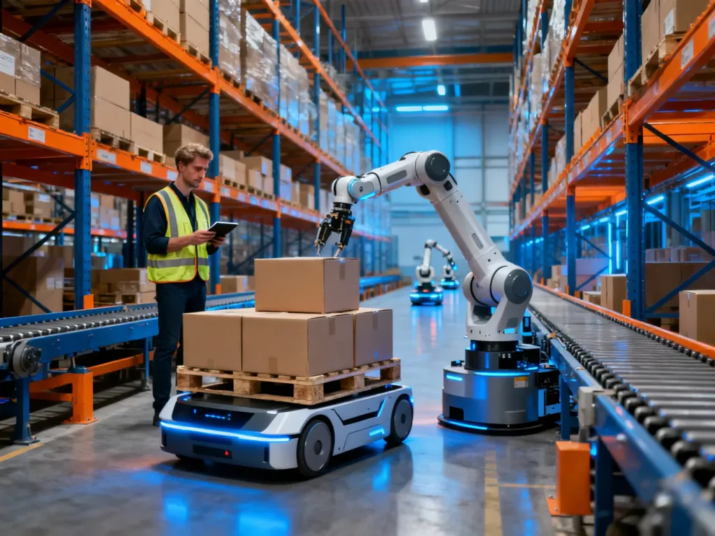 Nowoczesny magazyn z autonomicznymi robotami transportowymi i ramieniem robota kompletującym towary, no text on the picture